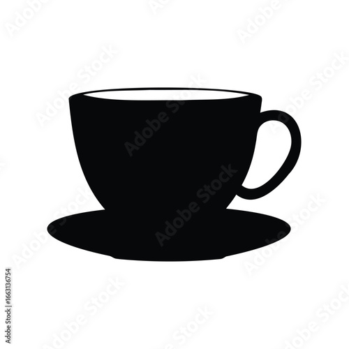 Black silhouette of a coffee cup on a saucer, simple design