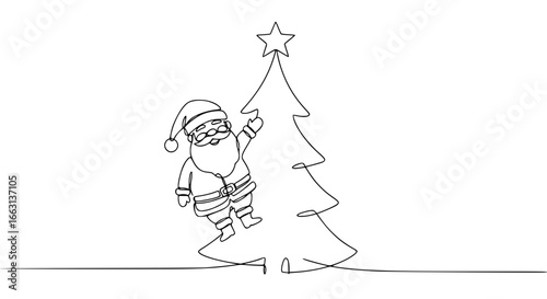 Santa Claus hanging on a Christmas tree with a star made in the form of a single-line outline