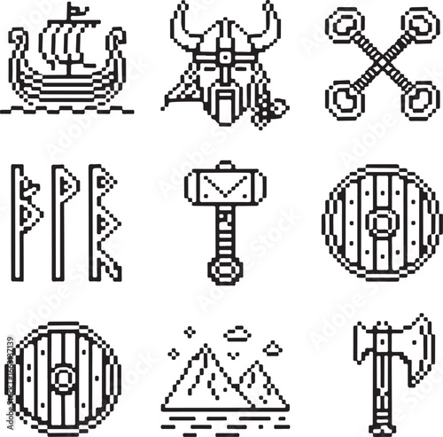 Scandinavian Heritage Pixel Art Icon Pack Viking Ship, Horned Helmet, Nordic Runes, Mjölnir, Shield, Fjord Mountain, Ancient Axe