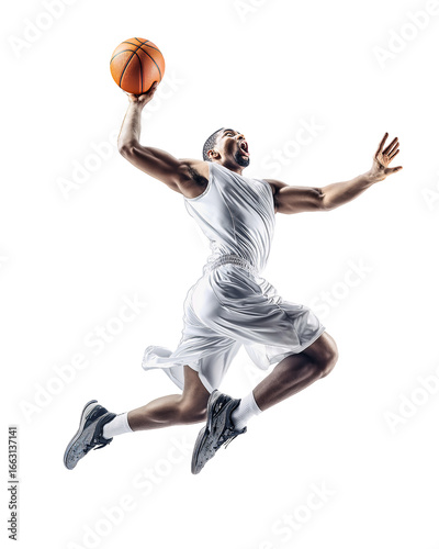 Soaring Athlete: A determined basketball player, caught mid-air, eyes fixed on the goal, demonstrating the dynamism and power of the sport, in a state of intense focus and dedication.