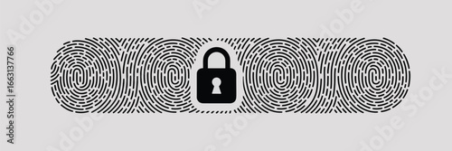 Fingerprints with a black padlock in the center representing security and biometric authentication system