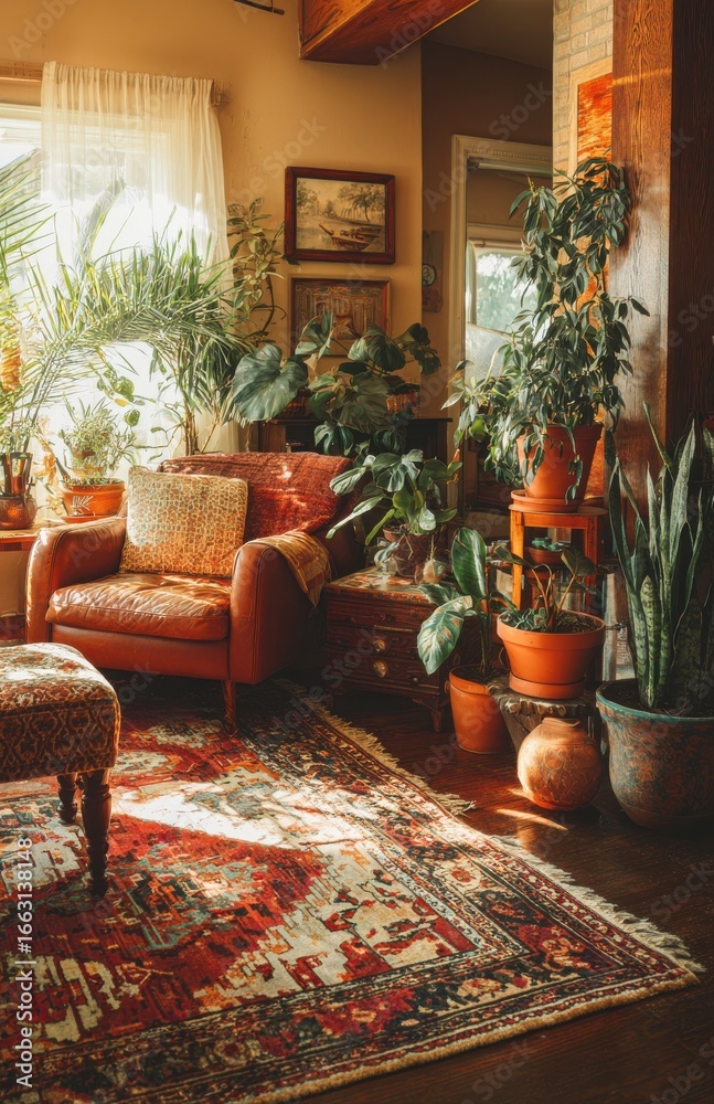 Obraz premium Warm sunlight illuminating cozy living room with houseplants and leather armchair