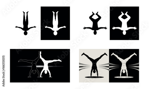 Silhouette set of gymnastic handstand poses with man and woman in black and white illustration

