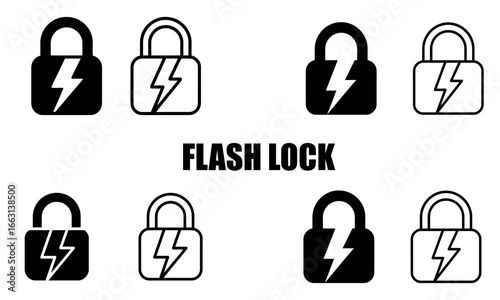 Vector illustration of flash lock padlock security icon with lightning bolt in black and white design
