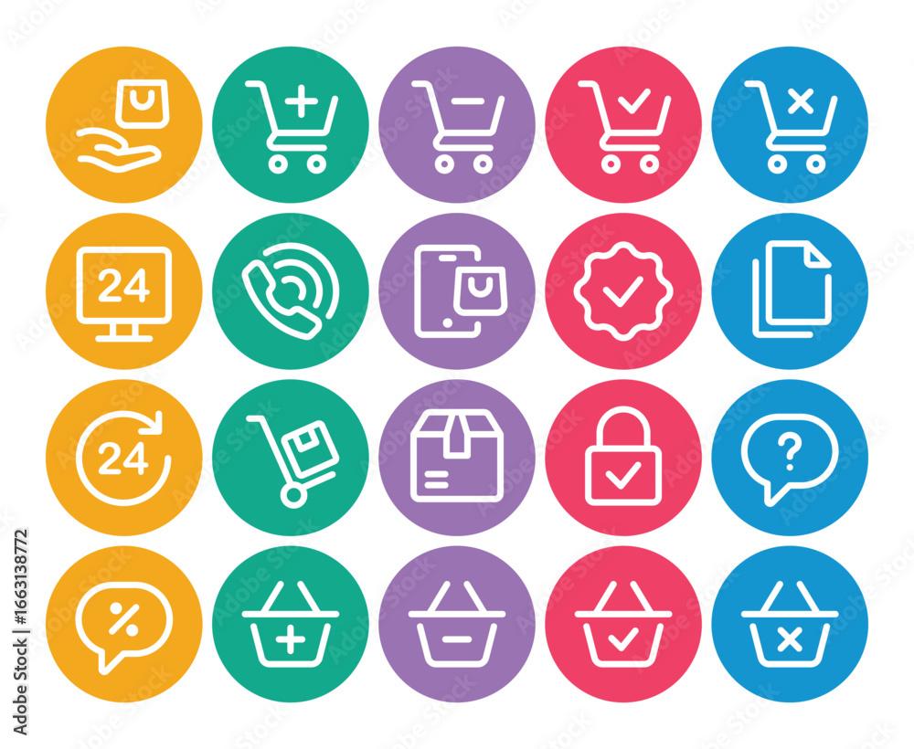 Fototapeta premium Circle color outline icons set for E-commerce, shopping.