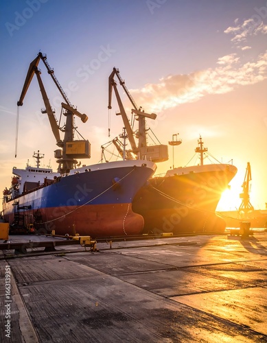 Cargo Ship Docking, Sunset Port Scene