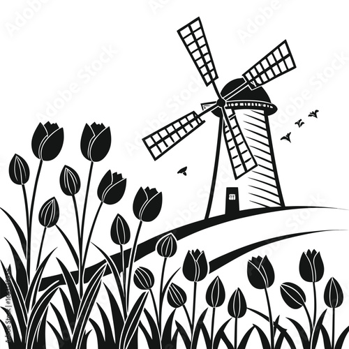 Windmill near tulip farm silhouette