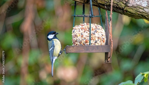 Bird feeding at garden feeder, outdoors
