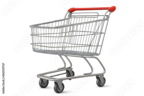 shopping cart in metallic chrome with red handle, isolated on transparent background, crisp PNG cutout
