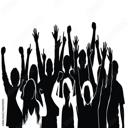 Silhouetted group of people with raised arms and fists, possibly protesting or celebrating.