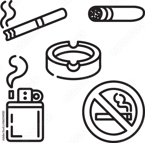 Smoking Outline Icons Set – Cigarette, Cigar, Ashtray, Smoke Trail, Lighter, No Smoking Sign, Vape Device