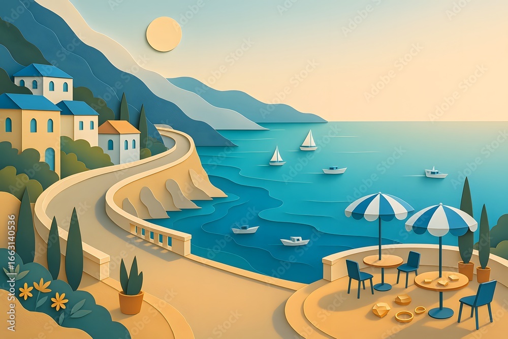 Naklejka premium Mediterranean coastal scene in paper-cut style with blue sea, sailboats, sunny sky, and village architecture, warm and inviting travel theme.