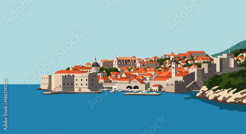 Illustration depicts a coastal city with buildings, walls, and a harbor under a blue sky.