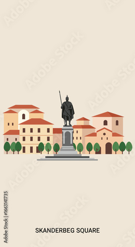 A minimalist vector illustration of the iconic Skanderbeg Monument in a historic European city square with traditional architecture.