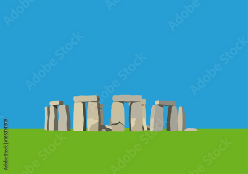Stonehenge illustration featuring the iconic prehistoric monument against a bright blue sky and green grass.