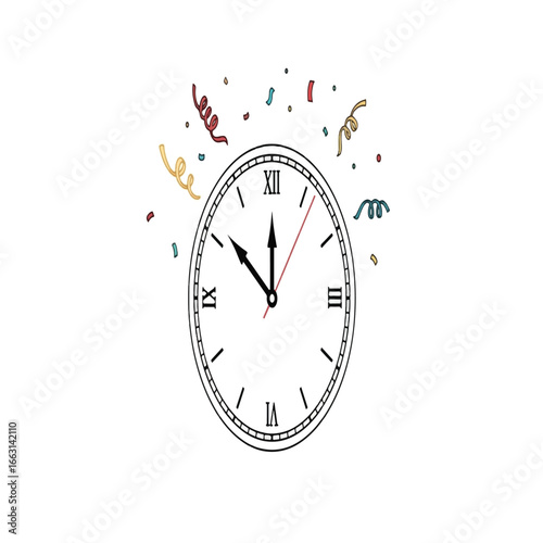 A classic clock showing the time close to midnight, with colorful confetti.