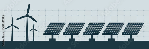 Illustration of three wind turbines and five solar panels against a grid background in monochrome style