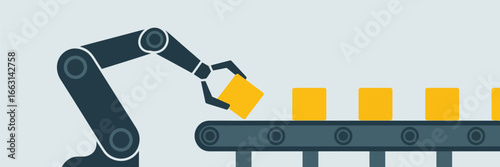 A robotic arm placing a yellow cube on a conveyor belt with other cubes in a minimalist illustration
