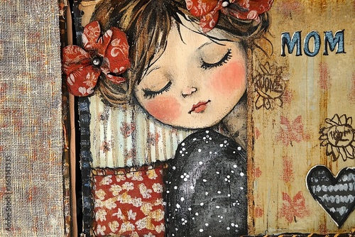Sleeping Girl Portrait, Red Flowers, Mixed Media Art, Mother's Day Theme