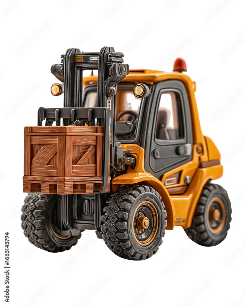 Fototapeta premium Forklift's Labor: A rugged forklift confidently lifts a wooden crate with precision and strength, an icon of the industry.