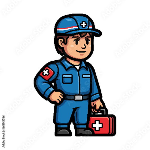 A cartoon illustration of a medical professional holding a first aid kit.
