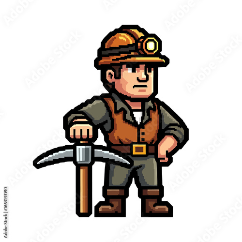 Cartoon miner character standing with a pickaxe, wearing a helmet with a headlamp.
