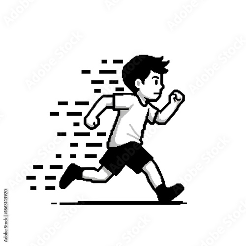 A stylized black and white illustration of a boy running.