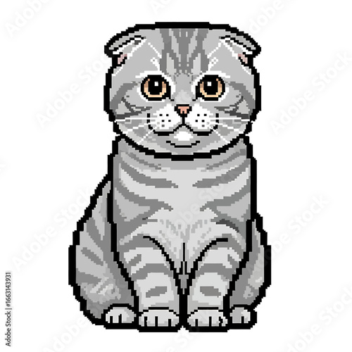Pixel art of a grey Scottish Fold cat, sitting and looking directly at the viewer.