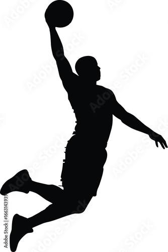 Basketball player silhouette, slam dunk action, airborne athlete, dynamic leap, vector graphic, sports motion, athletic pose, black illustration