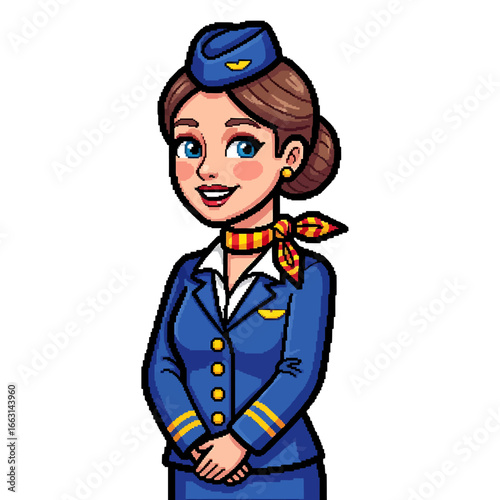 Cartoon illustration of a friendly flight attendant in a blue uniform.