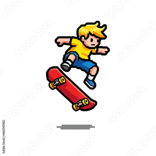 A cartoon boy performs a skateboarding ollie, showcasing dynamic movement and playful style.