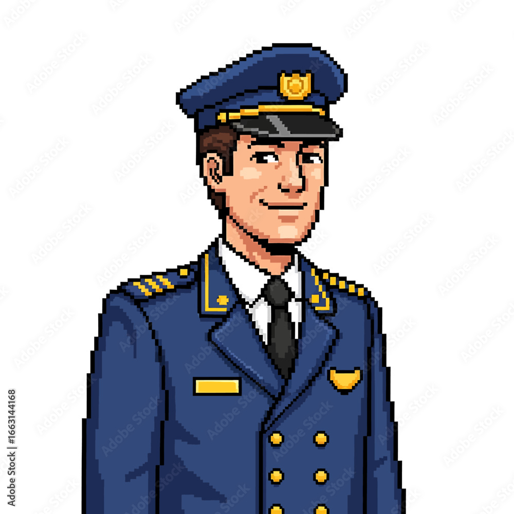 Pixel art illustration of a smiling man wearing a blue police officer uniform and hat, looking to the side. Pixel art illustration of a smiling man wearing a blue police officer uniform and hat, looking to the side.