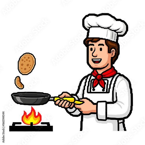 Cartoon chef flipping pancakes in a pan over a stove.