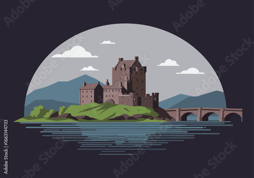 A scenic vector illustration of a medieval Scottish castle on an island, connected by a stone bridge to the shore.