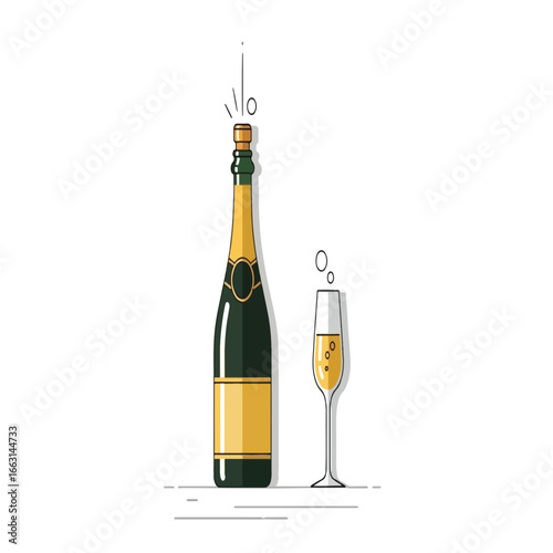 A minimalist vector illustration of a champagne bottle popping its cork next to a flute of sparkling wine.