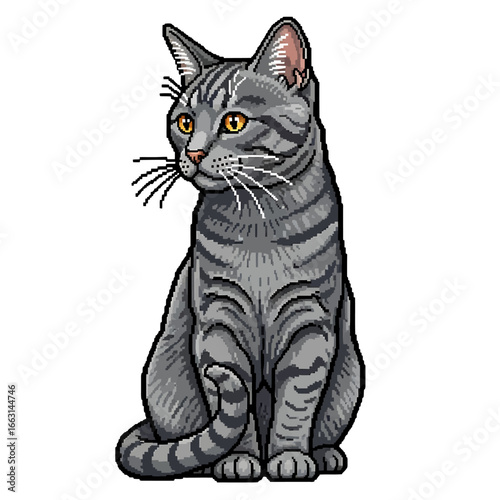 A stylized illustration of a gray tabby cat, sitting attentively.