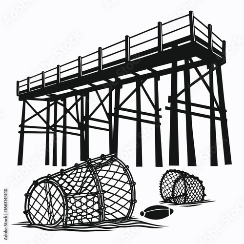 Old pier with fishing nets silhouette