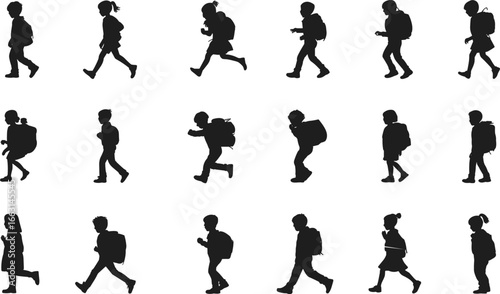 Silhouettes of School Children Walking with Backpacks, Kids Outline Illustration, Educational Concept Art, Students Walking Vector Set for Design