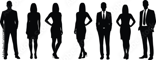 Business professional silhouettes, corporate team vector, men and women in suits, workplace diversity, standing poses, HR concept, flat illustration