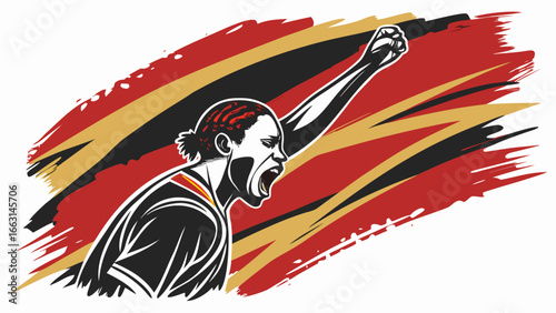 Illustration of a woman with raised fist against a red black and gold painted background design