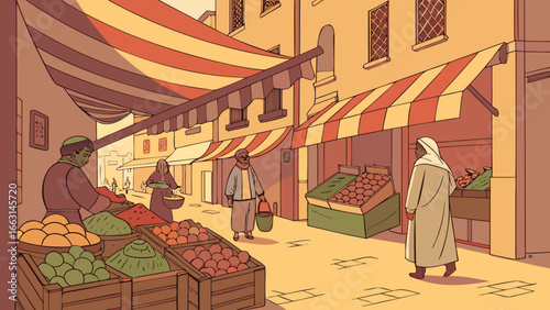 A bustling middle eastern marketplace scene with vendors and shoppers under striped awnings at daytime