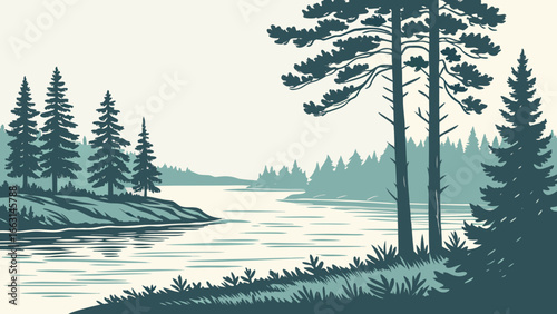 Scenic landscape featuring a calm lake surrounded by dense pine forests in a serene setting