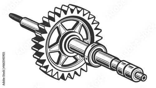 Illustration of a gear with a central hub and spokes mounted on a shaft with threads on one end