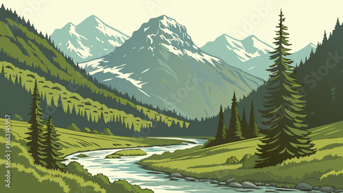 Illustration of a mountain landscape with a river flowing through a green valley and tall trees