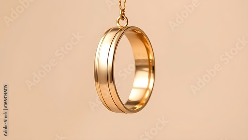 Three golden wedding bands hanging vertically with soft light highlighting their shine.