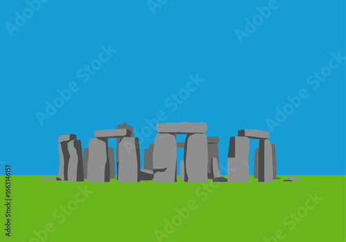 Simplified illustration of Stonehenge with large stone structures standing on grass under a blue sky.