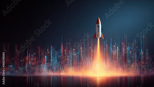 Rocket launching from futuristic city skyline