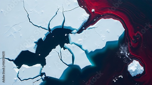 Antarctic ice shelf fracturing into geometric blue shards against warming red ocean currents.