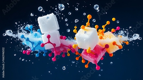 Floating sugar cubes dissolving into vibrant molecular structures, depicting metabolic balance.