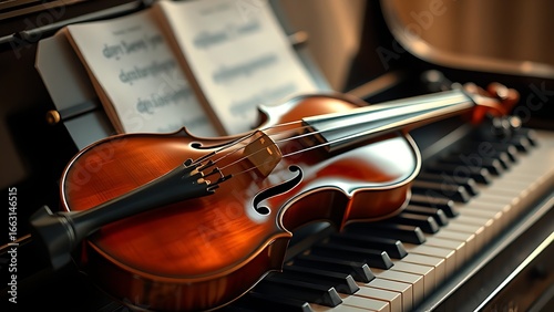 Elegant arrangement of classical instruments, violin and piano keys glowing with timeless musical charm.